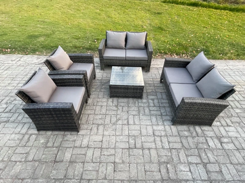 Image of Fimous Rattan Garden Furniture Set 6 Seater Patio Outdoor Lounge Sofa Set with Square Coffee Table Double Seat Sofa Dark Grey Dark Grey Unisex