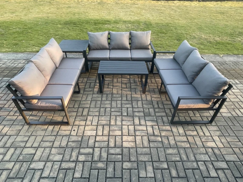 Image of Fimous Aluminium 9 Seater Outdoor Garden Furniture Set Lounge Sofa Oblong Coffee Table Side Table Sets with Cushions Dark Grey Dark Grey Unisex