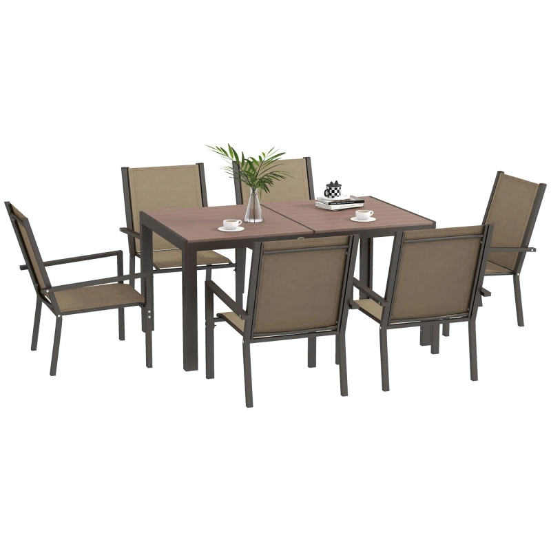 Image of Outsunny 7 PCs Garden Dining Set, Wood-plastic Composite Table & 6 Chairs Khaki - Outsunny 5056725394714