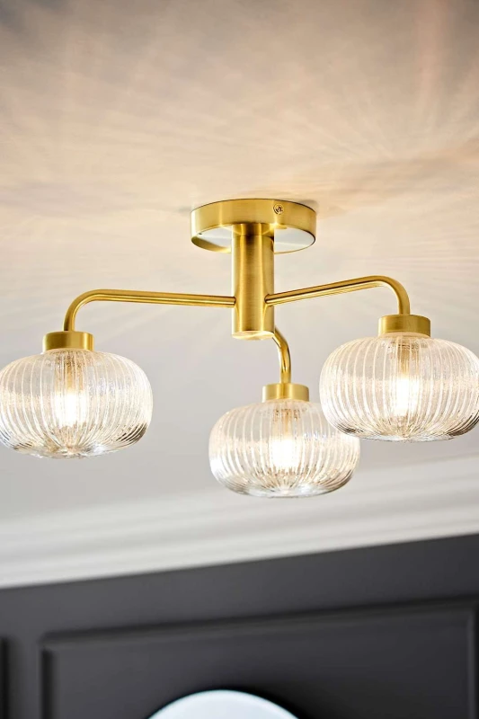 Image of ValueLights Amaia Brushed Gold IP44 3 Way Clear Ribbed Glass Ceiling Light with LED Bulbs Gold
