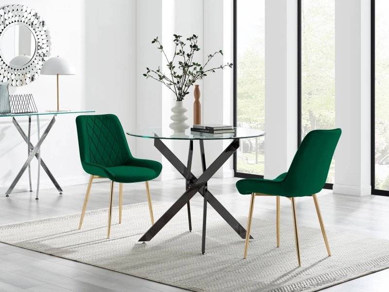 Image of FurnitureboxUK FurnitureboxUK Novara 100cm Round Black Leg Dining Table & 2 Pesaro Gold Leg Chairs in Green Green One Size Unisex 5056784304488