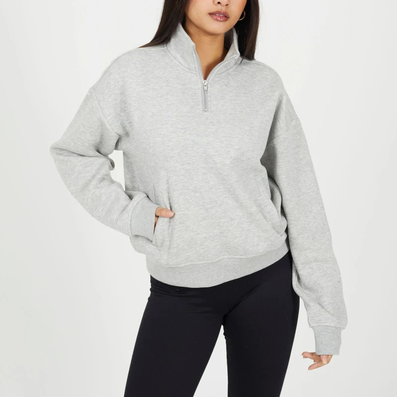 Image of Brave Soul BS Womens Funnel Neck Quarter Zip Sweatshirt with Pocket Grey Marl female 14 (L)