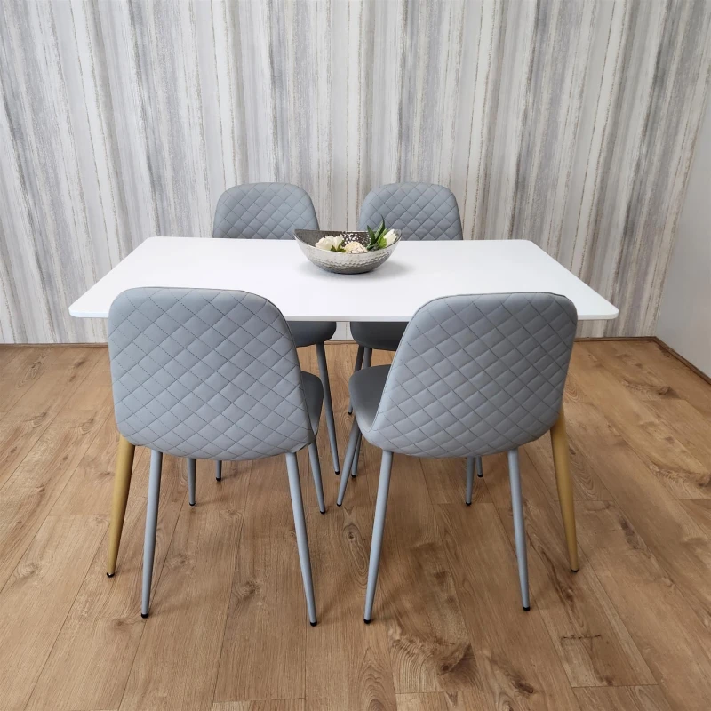 Image of KOSY KOALA Wooden Dining Table with 4 Grey Gem Patterned Chairs White Table with Grey Chairs White