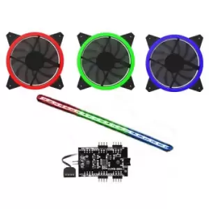 Image of GameMax RGB Kit - 3x 12cm Single Colour LED Velocity Fans 300mm Viper Single Colour LED Strip RGB Lighting Hub Brown Box