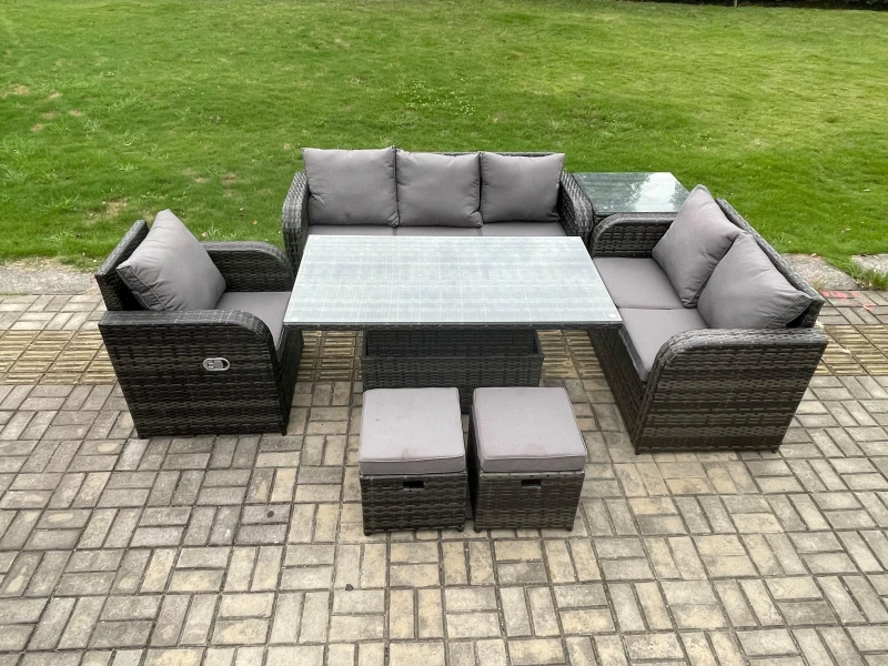 Image of Fimous Outdoor Rattan Furniture Garden Dining Set Patio Table Reclining Chair Sofa With Side Table 2 Small Footstools Dark Grey Mixed Dark Grey