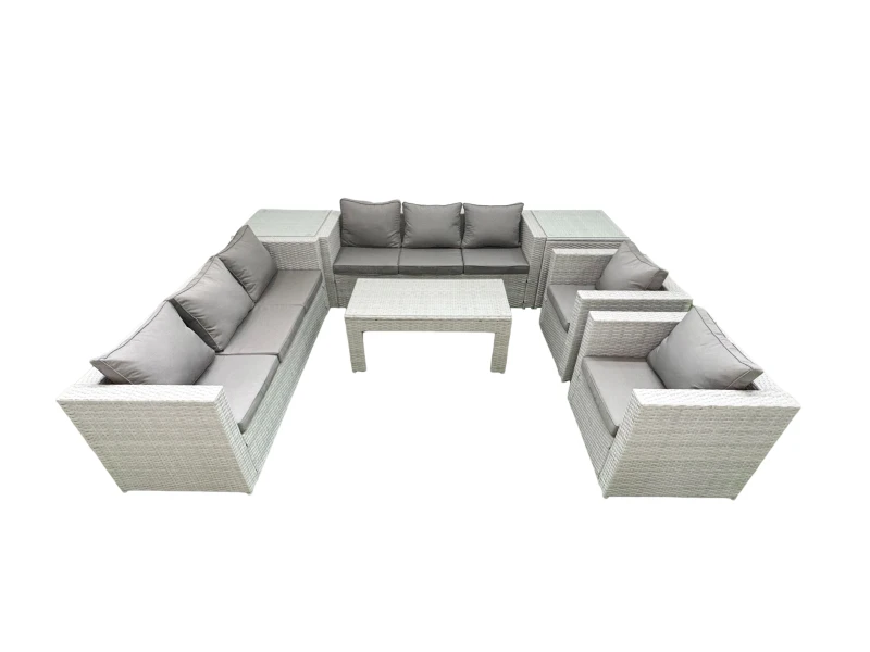 Image of Fimous Outdoor Garden Furniture Rattan Sofa Set with 2 Armchairs Oblong Coffee Table 2 Side Tables Light Grey Mixed Light Grey
