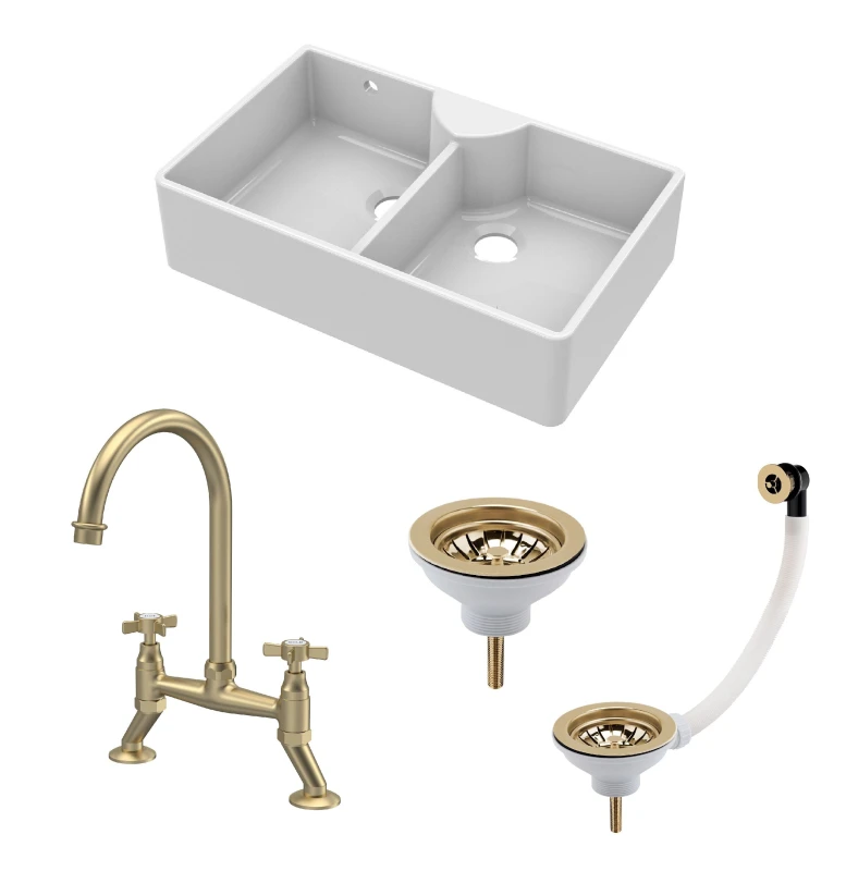 Image of Balterley Double Bowl Fireclay Kitchen Sink Tap Wastes Brushed Brass 895mm Bronze