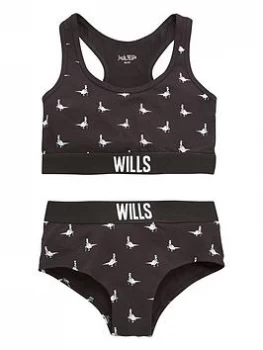 Image of Jack Wills Jack Wills Girls Boxed Print Crop Top & Hipster Brief Set, Black, Size Age: 12-13 Years, Women