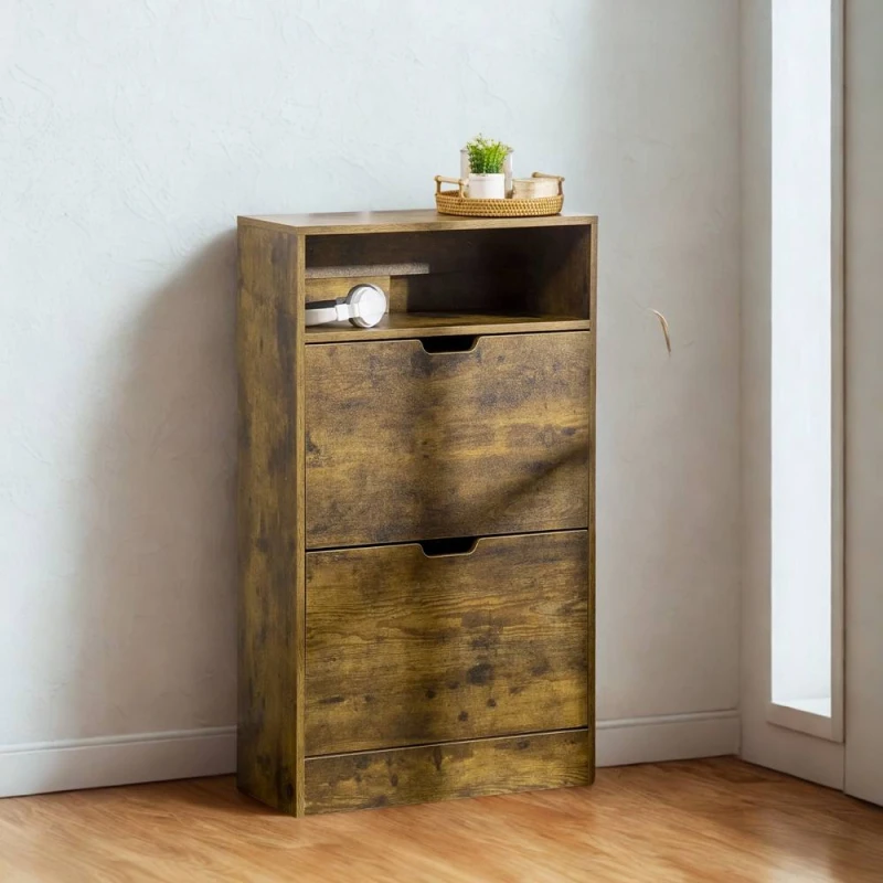 Image of FURNOS 2 Drawer Hallway Shoe Storage Cabinet With Shelf Rustic in Brown Brown Unisex