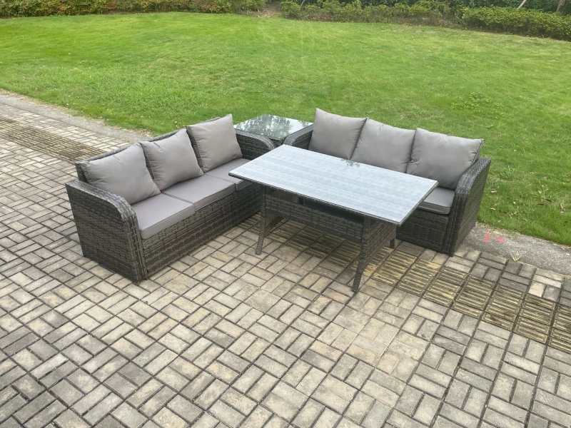 Image of Fimous Rattan Garden Furniture Set with Oblong Rectangular Dining Table 4 Pieces Outdoor Lounge Sofa Set Dark Grey Mixed Dark Grey Unisex