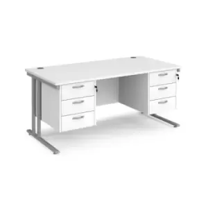 Image of Office Desk Rectangular Desk 1600mm With Double Pedestal White Top With Silver Frame 800mm Depth Maestro 25 MC16P33SWH