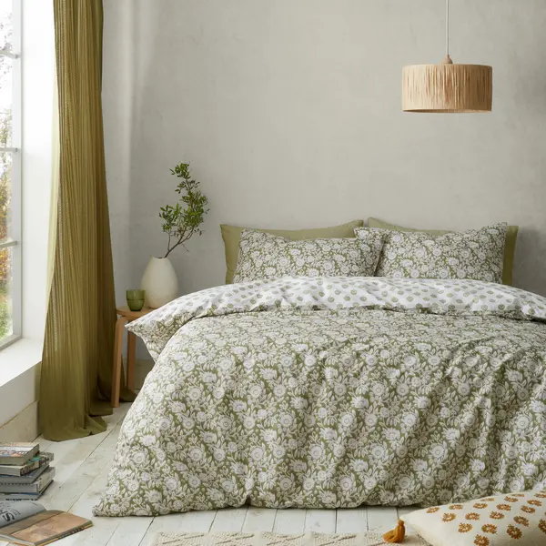 Image of Pineapple Elephant Tangier Floral Olive Green Duvet Cover and Pillowcase Set Olive