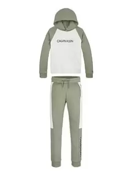 Image of Calvin Klein Jeans Boys Modern Colour Block Hoodie And Jogger Set - Khaki, Size Age: 8 Years