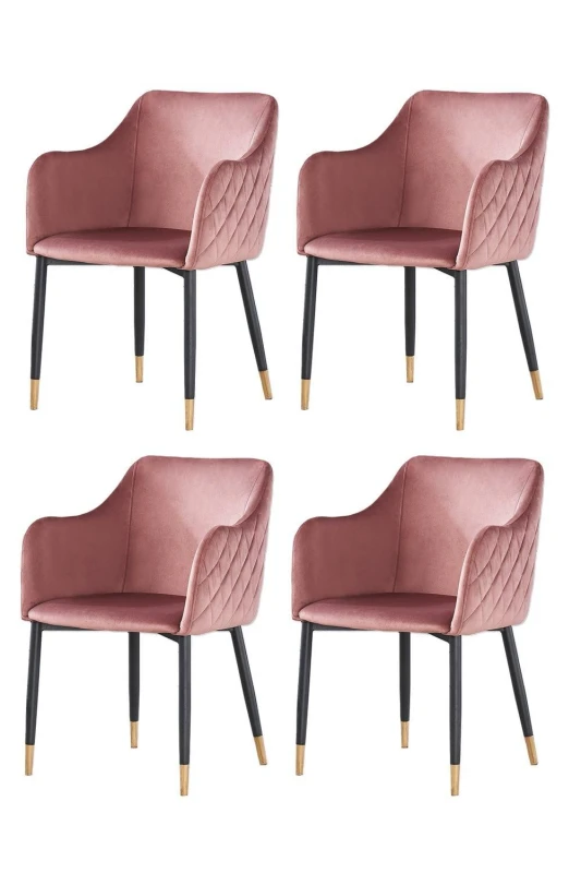 Image of Life Interiors Life Interiors Set of 4 Verona Velvet Dining Chairs with Quilted Back & Black Legs - Modern Accent Chair with Gold Foot Caps in Pink Pi