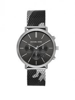 Image of Michael Kors Blake Black and Silver Detail Multi Dial Back and Gunmetal Camo Print Stainless Steel Mesh Strap Mens Watch, One Colour, Men