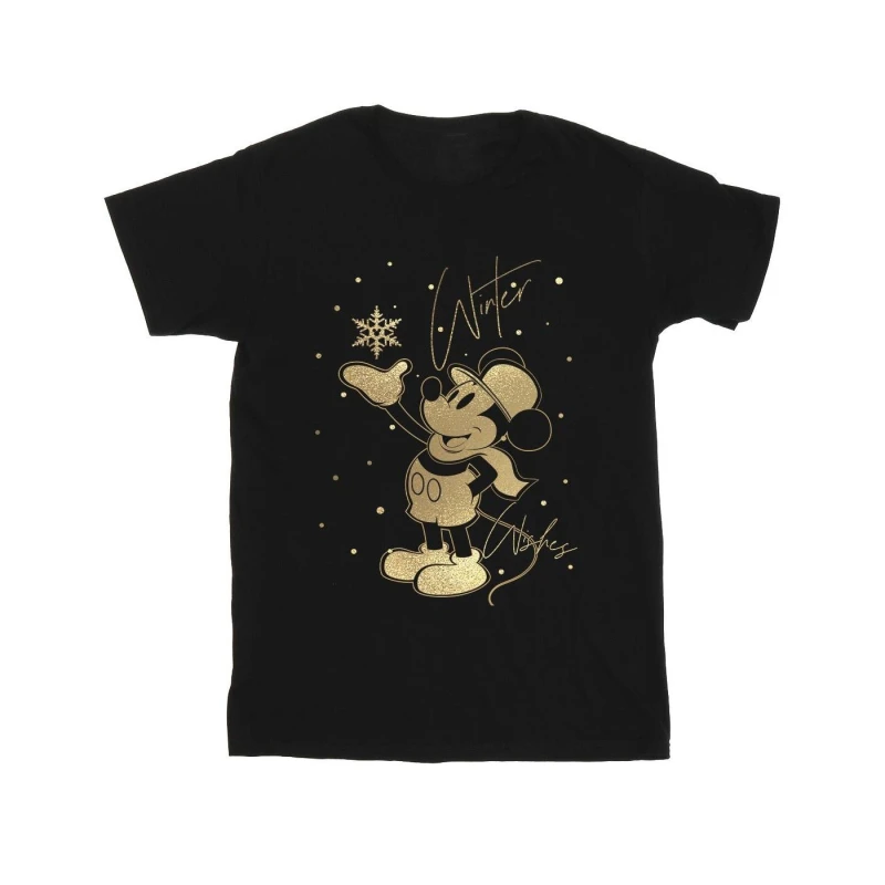Image of Disney Men Winter Wishes Mickey Mouse Cotton T-Shirt in Black Size: Small Black S Male 5063376843829