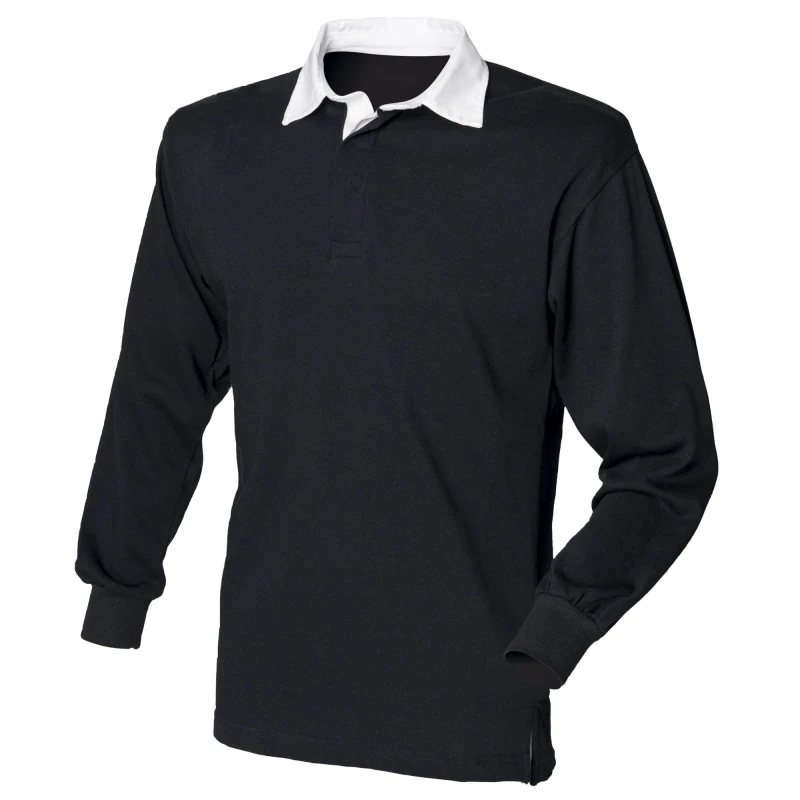 Image of Front Row Long Sleeve Classic Rugby Polo Shirt in Jet Black Size: XS Jet Black Unisex XS