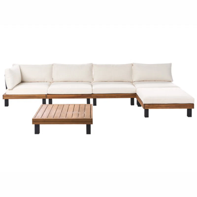 Image of Beliani Garden Corner Sofa With Table 5 Seater Frazzano Certified Acacia Wood Off-White
