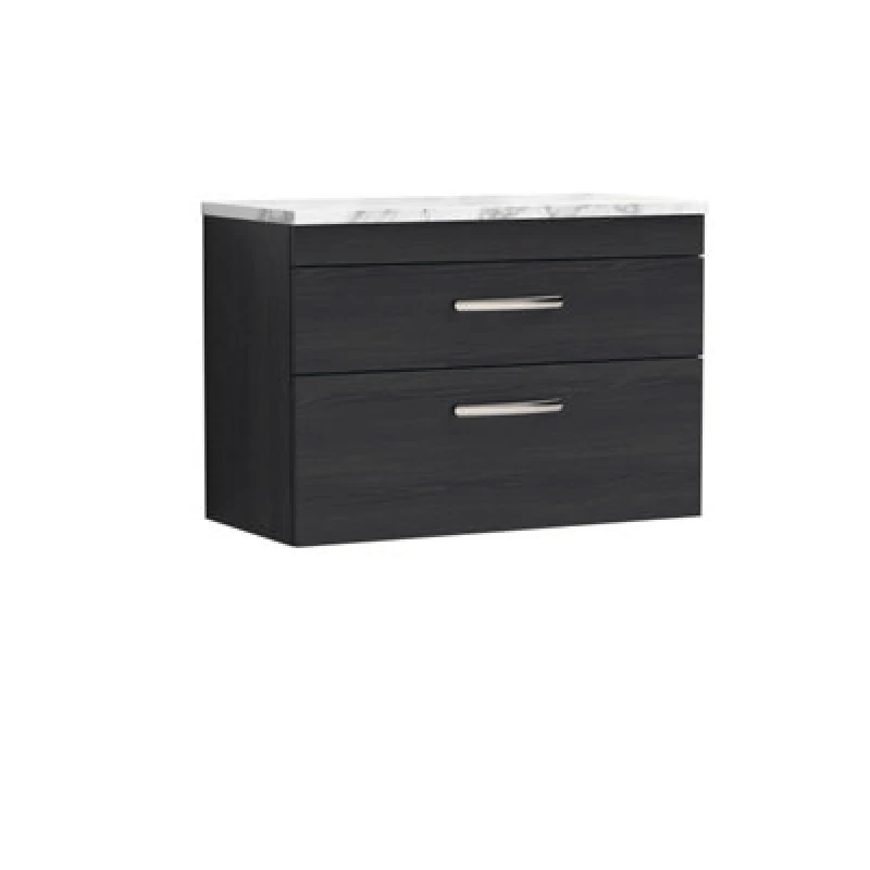 Image of NUIE Nuie - Athena Wall Hung 2-Drawer Vanity Unit with Carrera Marble Worktop 800mm Wide - Charcoal Black Woodgrain ATH068LCM