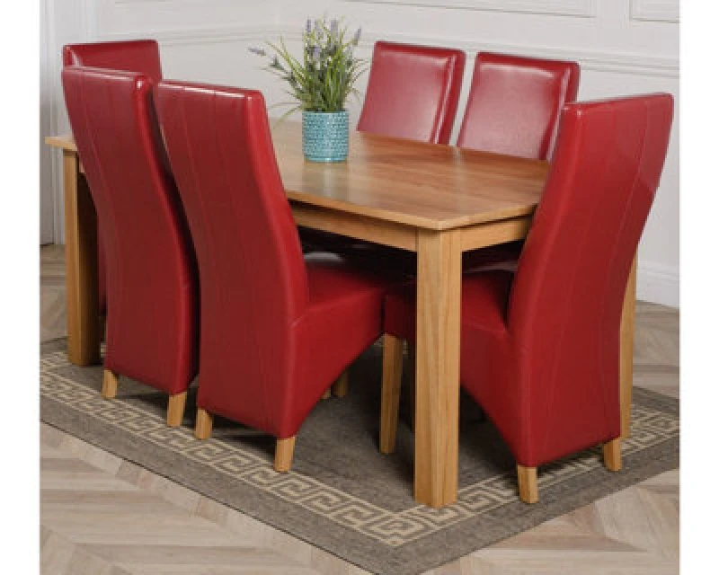 Image of Thats Furniture Oslo 180 x 90cm Large Oak Dining Table & 6 Lola Leather Chairs in Red Red Unisex 180 x 90 cm