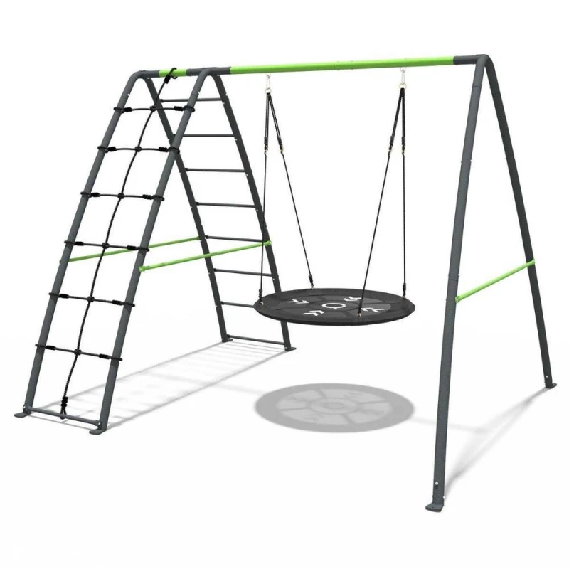 Image of OutdoorToys Children's Single Metal Swing Set with Nest Swing & Climbing Wall in Grey Grey Unisex
