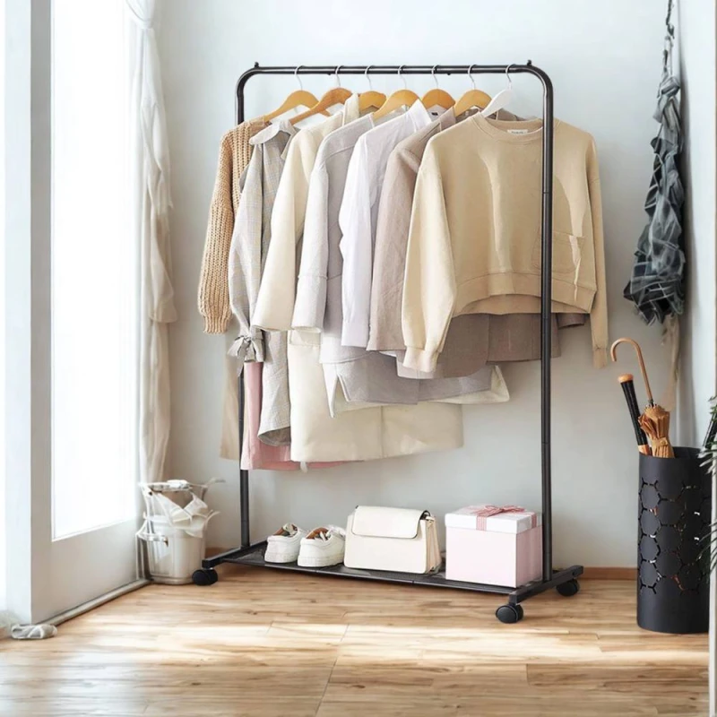 Image of Pirlo Plush Metal Clothes Rack Rail on Wheels With Storage Shelf in Black Unisex