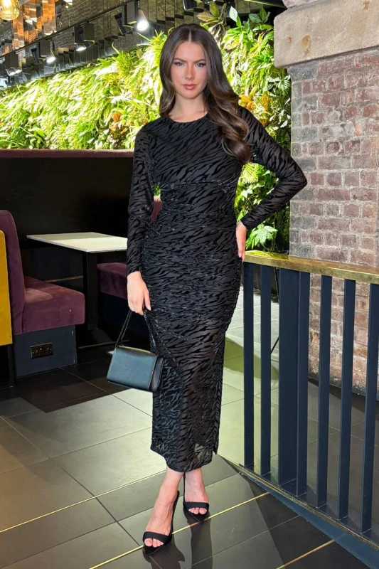 Image of AX Paris Womens Black Velvet Zebra Striped Overlay Long Sleeve Midi Dress Size: 8 Black Female 8