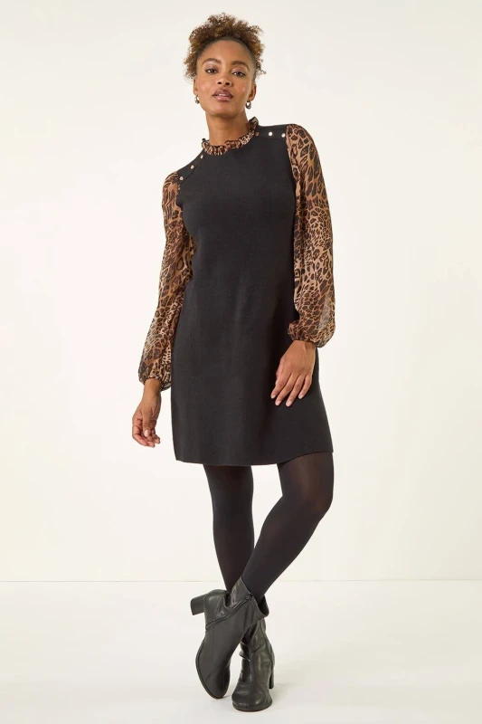 Image of Roman Womens Animal Print Frill Knitted Dress in Tan Size: 12 Tan Female 12