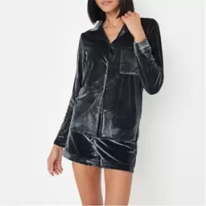 Image of Missguided Velour Shirt and Shorts Pyjama Set - Black