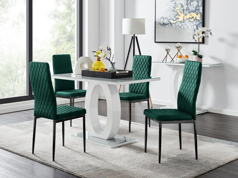 Image of FurnitureboxUK FurnitureboxUK Giovani 4 Grey Dining Table & 4 Velvet Milan Black Leg Chairs in Green Green One Size Unisex 5056657146597