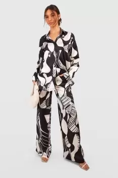Image of Mono Abstract Print Relaxed Fit Wide Leg Trousers