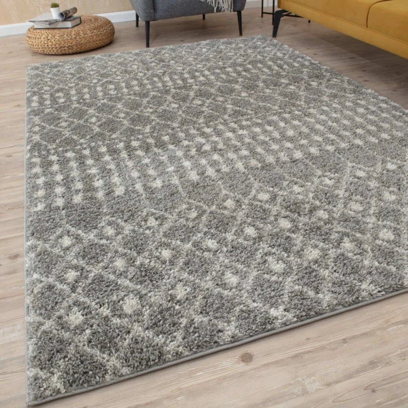 Image of THE RUGS Soft Moroccan Diamond Shaggy Rugs & Runners Grey Ivory Living Room Size: 80cm x 300cm Grey Unisex 80cm x 300 cm