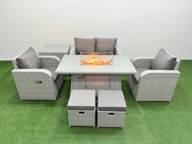 Image of Fimous Light Grey PE Wicker Rattan Garden Furniture Set Sofa Set Reclining Chair Firepit Dining Table 6 Seater 2 Small Stools Side Table Light Grey