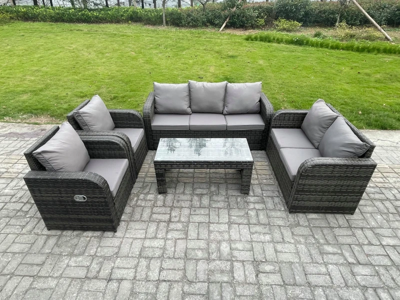 Image of Fimous Patio Garden Furniture Sets Wicker 7 Seater Outdoor Rattan Furniture Sofa Sets with Rectangular Coffee Table Reclining Chair Love seat Sofa Dar