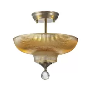 Image of Luminosa Talisa 2 Light Semi Flush Ceiling Lamp E27 With Round 30cm Glass Shade Satin Nickel, Amber
