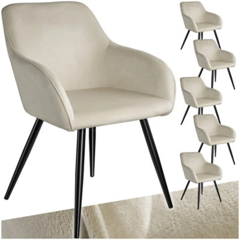 Image of Tectake Set Of 6 Dining Chair Marilyn - With Armrests, Padded, Velvet Look, Black Steel Legs - Cream/black