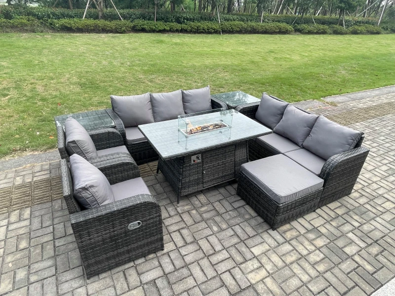 Image of Fimous Wicker Rattan Garden Furniture Set Gas Fire Pit Dining Table Indoor Outdoor with 2 Side Tables Chair Loveseat Sofa Big Footstool Dark Grey