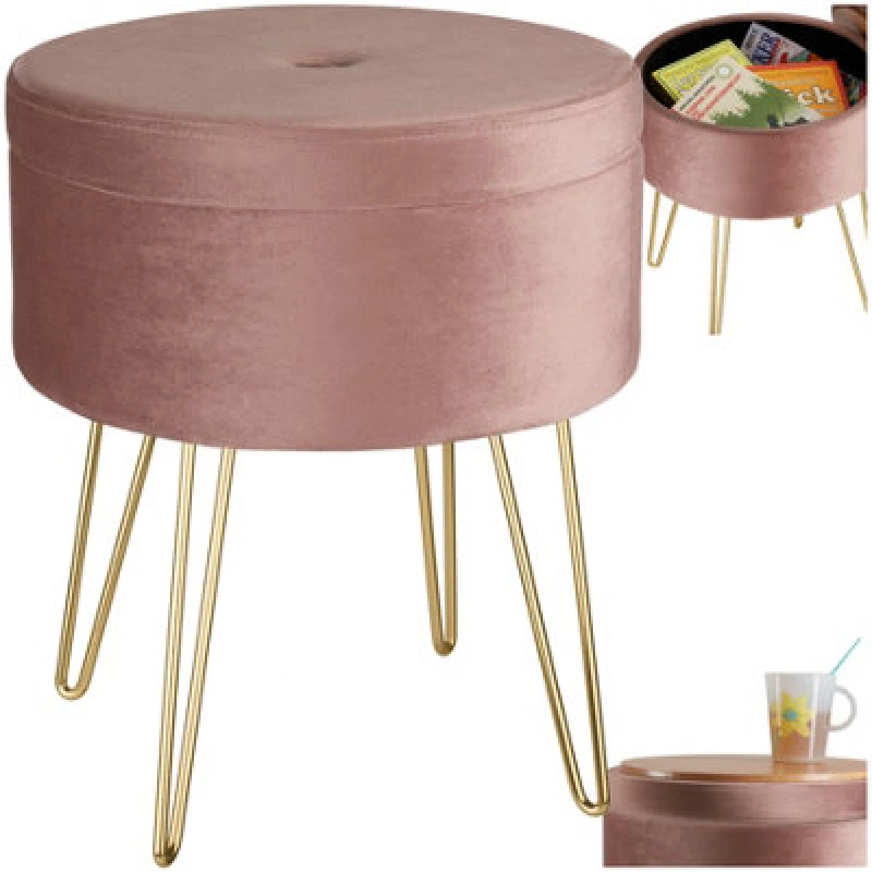 Image of Tectake Stool Ava - Round, Padded Velvet Look, With Storage Space - Rose, 1