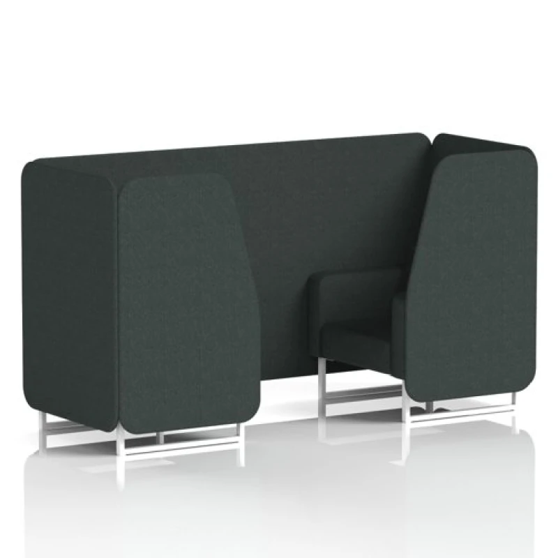 Image of Brixworth 2 Seater Office Booth with Front Panel - White Legs in Rivet Fabric - Charcoal Panels and Sofa