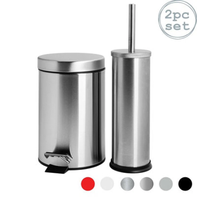 Image of Harbour Housewares Bathroom Bin & Toilet Brush Set - 3L - Matt - Round Stainless Steel Slim Trashcan Rubbish Bin & Brush