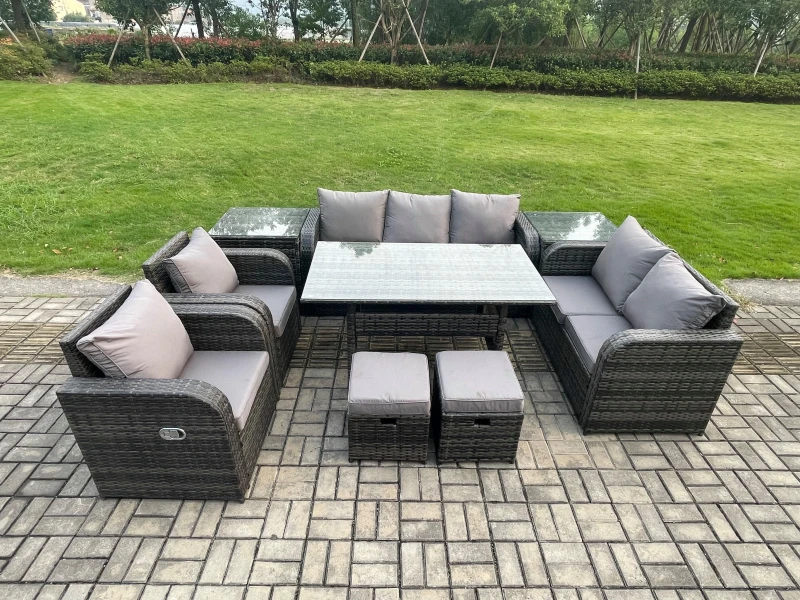 Image of Fimous 9 Seater Garden Rattan Furniture Dining Table Sofa Set Indoor Outdoor with 2 Reclining Chairs 2 Side Tables 2 Small Footstools in Dark Grey Dar