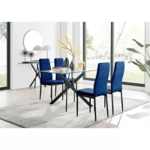 Image of Furniture Box Leonardo Black Leg Glass Dining Table and 4 Navy Velvet Milan Black Leg Chairs