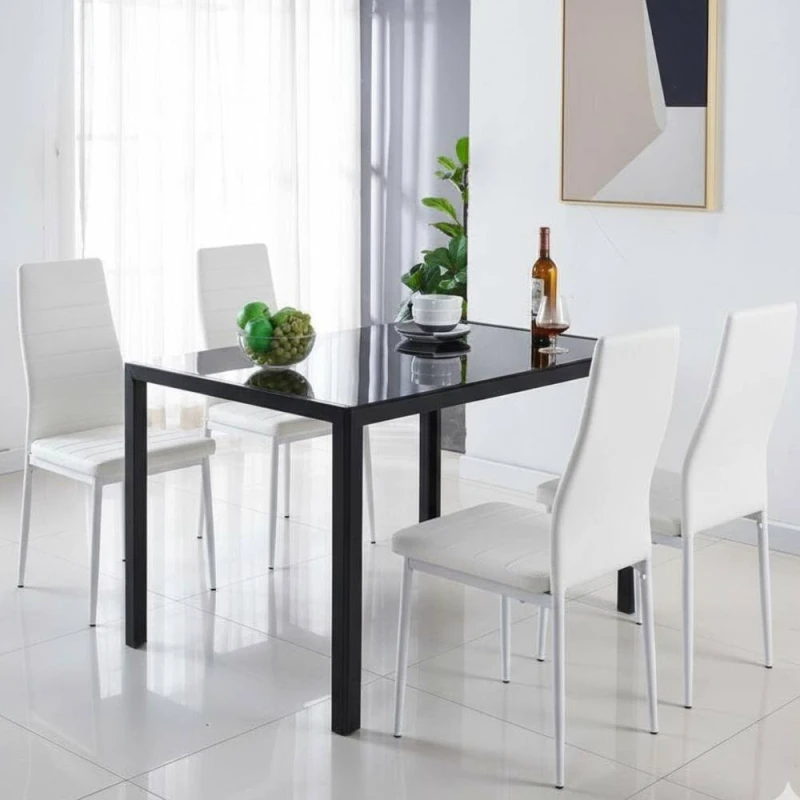 Image of Kosy Koala Modern Black Glass Dining Table Set With 4 White Chairs Kitchen Dining Room Furniture
