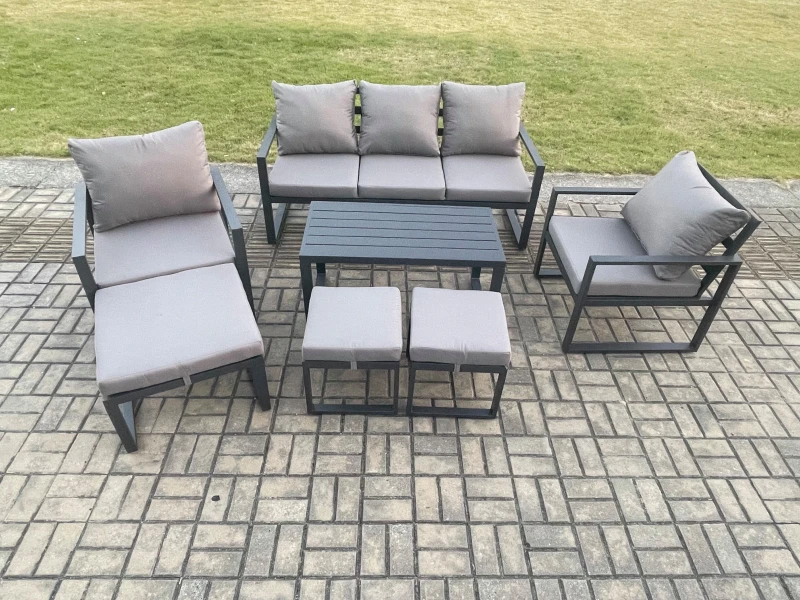 Image of Fimous Aluminium 7 Pieces Garden Furniture Sofa Set with Cushions 8 Seater Outdoor Patio Set with 2 Armchair 3 Footstools Dark Grey Dark Grey Unisex