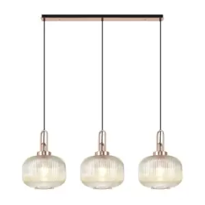 Image of Luminosa Linear 3 Light Pendant E27, Copper, Matt Black With 30cm Round Ribbed Champagne Glass