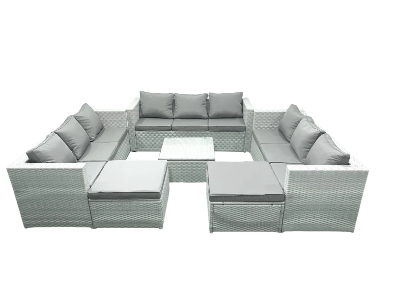 Image of Fimous Rattan Garden Outdoor Furniture Set 11 Seater Rattan Garden Sofa Set with 2 Big Footstools Light Grey Mixed Light Grey