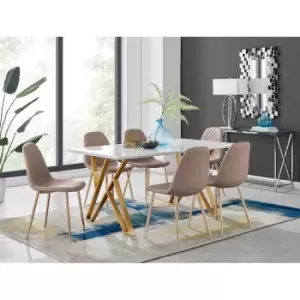 Image of Furniture Box Taranto White High Gloss Dining Table and 6 Cappuccino Corona Gold Leg Chairs