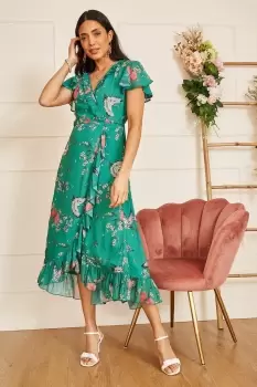 Image of Green Satin Crane Print Wrap Dress
