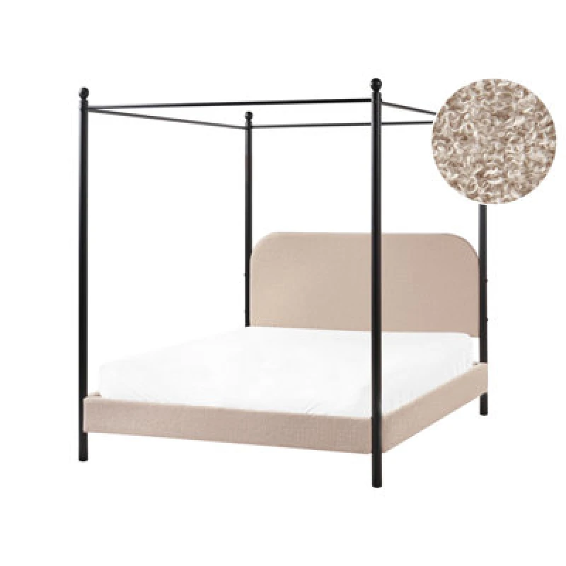 Image of Beliani Four Poster Bed Boucle Dannemois 140 X 200 Cm (Eu Double) Taupe