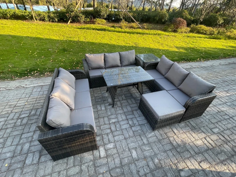 Image of Fimous 10 Seater Wicker Rattan Garden Furniture Set with Rectangular Dining Table Big Footstool Side Table Patio Outdoor Lounge Sofa Set Dark Grey